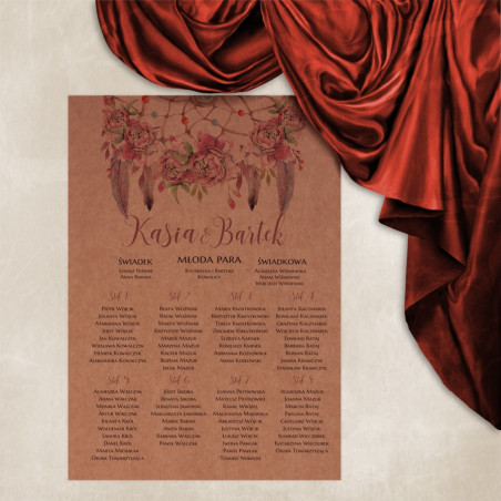 Różowe boho Plan stołu plakat Papier eko