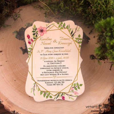 Złota ramka geometryczna z kwiatami drewniane zaproszenia ślubne ozdobne