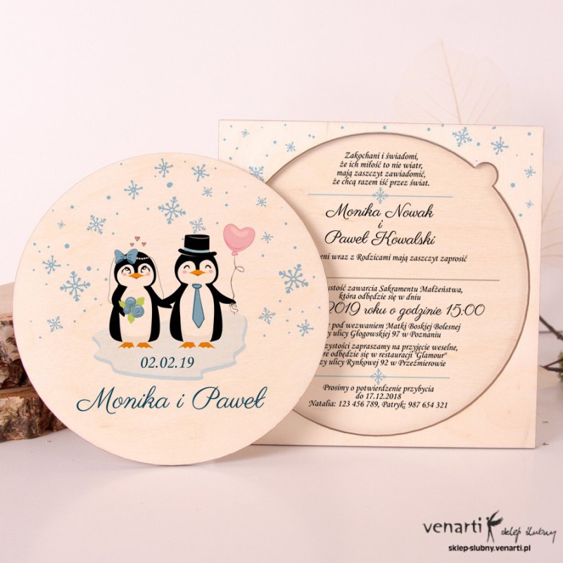 Pingwiny, drewniane zaproszenia ślubne