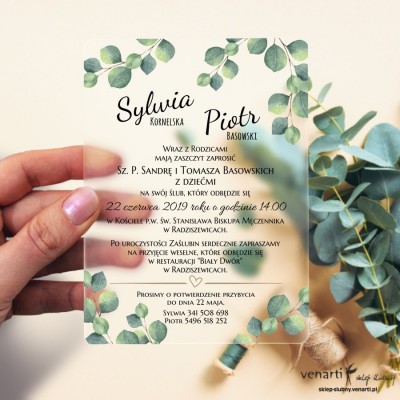 Liście eukaliptusa Satynowe, akrylowe zaproszenia ślubne z pleksi