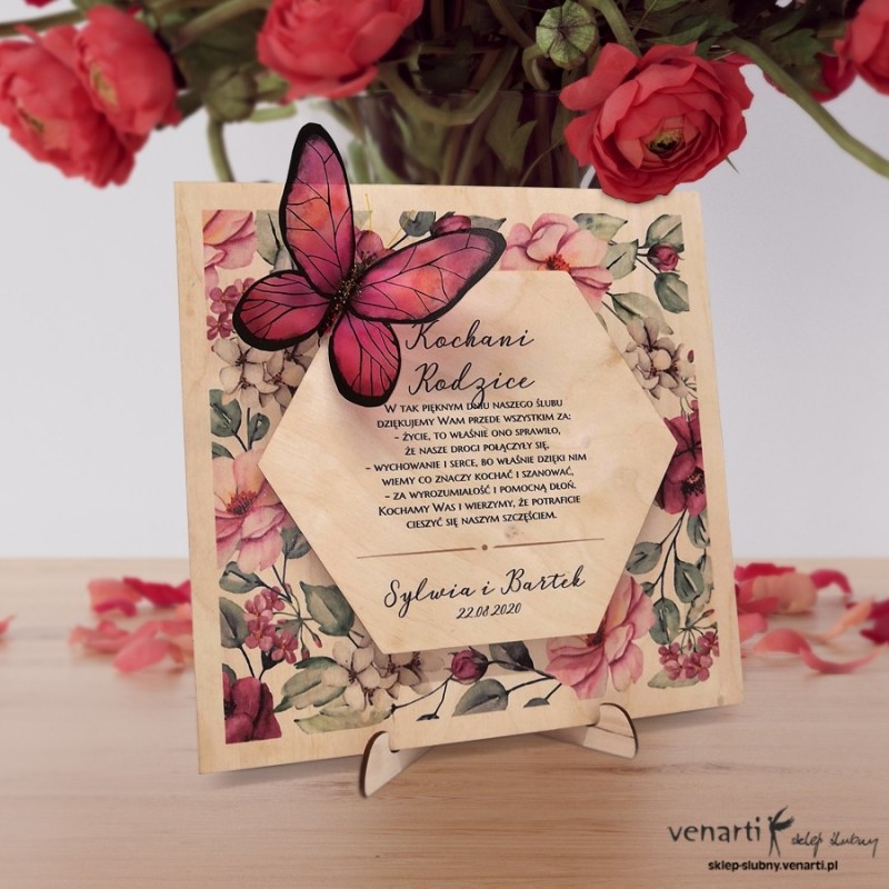 Ślubna statuetka z motylem wzór kwiatowy, sześciokąt Podziękowanie dla rodziców