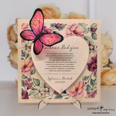 Ślubna statuetka z motylem wzór kwiatowy, serce Podziękowanie dla rodziców
