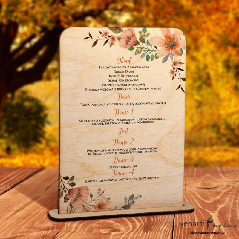 Pomarańczowe kwiaty Drewniane menu weselne