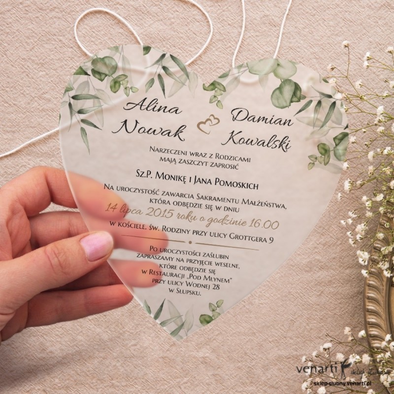 Ramka z eukaliptusa Serce Satynowe, akrylowe zaproszenia ślubne