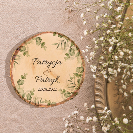 Ślubny magnes na lodówkę Plaster brzozy Ramka z eukaliptusa