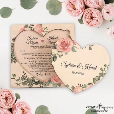 Pudrowe róże drewniane zaproszenia ślubne