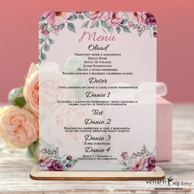 Satynowe menu weselne pleksi Kwiaty eustoma