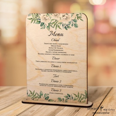 Drewniane menu weselne Białe róże