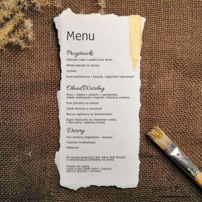 Minimalistyczne menu ślubne złocone ręcznie, poszarpane brzegi, szarpany papier