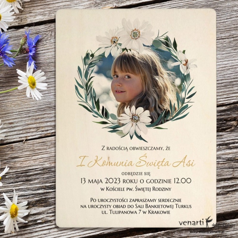 Drewniane zaproszenia I Komunia Święta ze zdjęciem, ramka z kwiatów