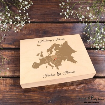 ZESTAW: Szklana tafla w drewnianym etui z podstawkami Podziękowanie dla rodziców Mapa Europy