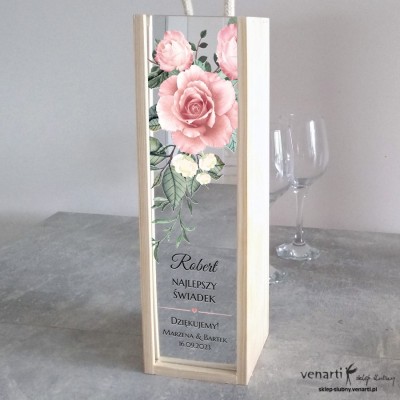 Pudrowe róże Skrzynka na wino z lustrzanym frontem Podziękowanie dla świadków