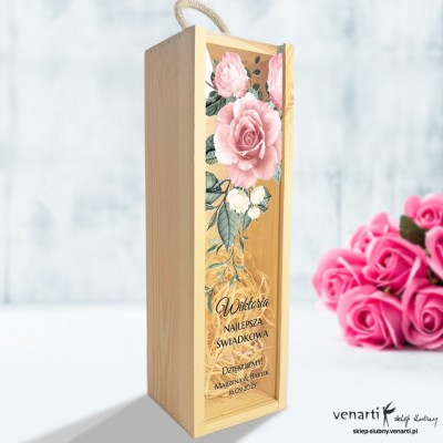 Pudrowe róże Skrzynka na wino z transparentnym frontem Podziękowanie dla świadkowej
