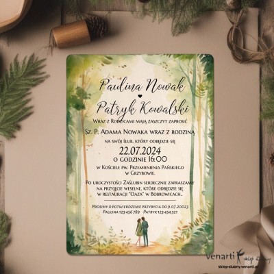 Drewniane zaproszenia ślubne Para w lesie