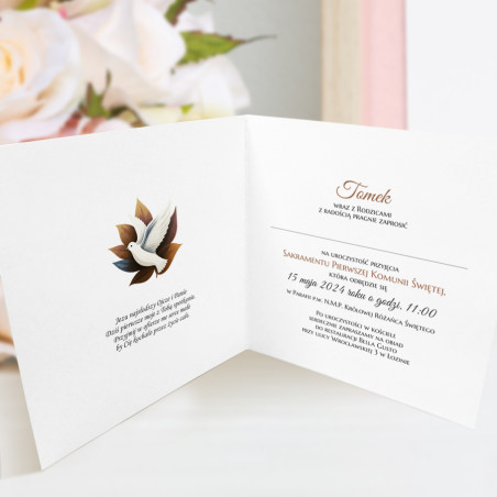 Zaproszenie na I Komunię Świętą - Motyw Kościoła i Gołębia | Eleganckie i Personalizowane